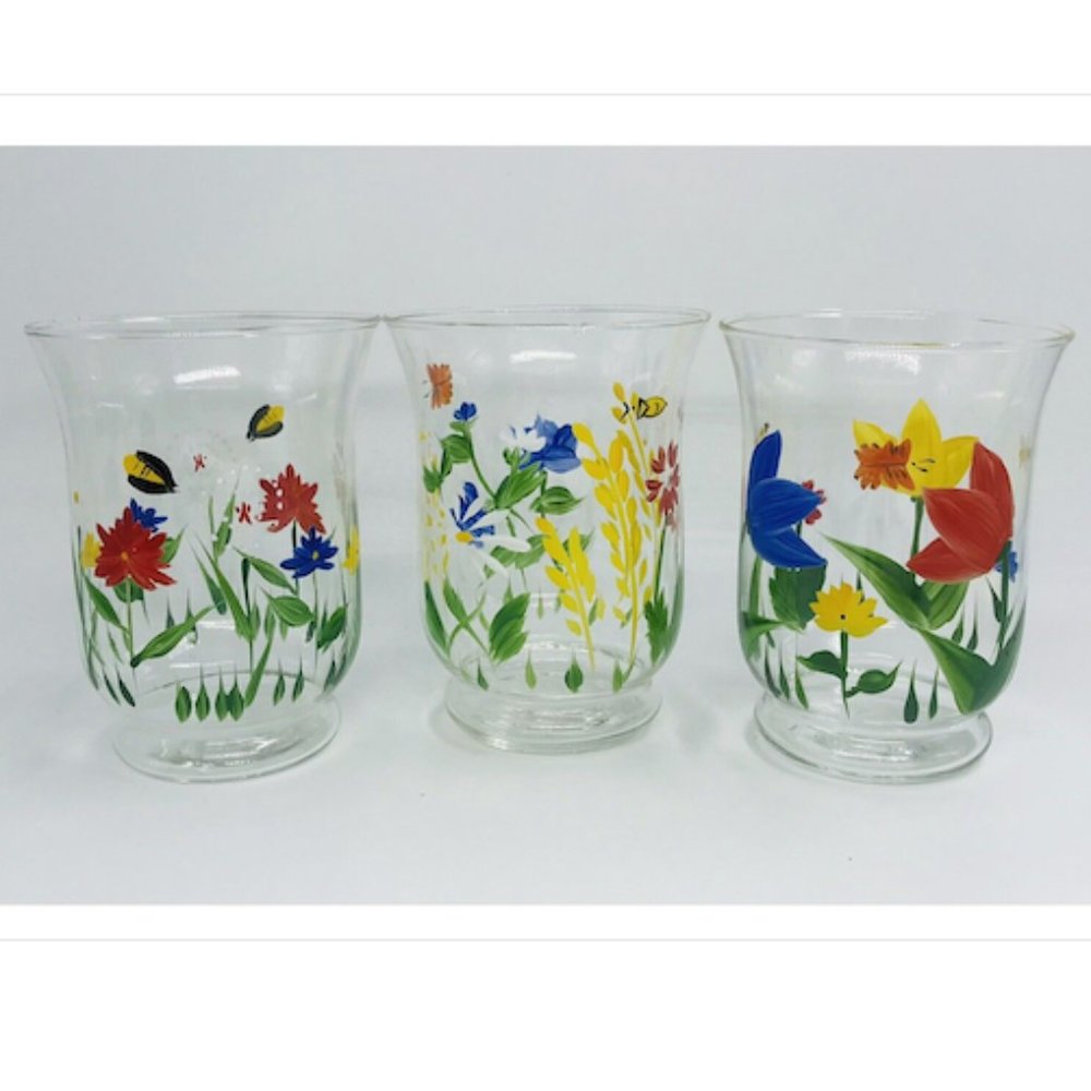 HALLMARK 3 Hand Painted Floral Candle Holders